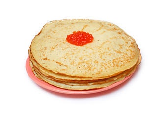 a stack of pancakes with caviar on white background