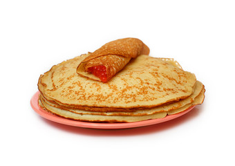 a stack of pancakes with caviar on white background