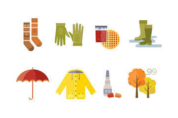 autumn clothes set items the fall tree rain clouds cold weather red yellow colors hat scarf gloves coat parka tea socks boots mulled wine vector illustration umbrella