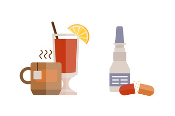 collection of autumn set items the fall acorn leaves tree rain clouds cold weather red yellow colors tea mulled wine vector illustration