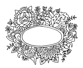 Hand drawn frame with flowers and decorative leafs