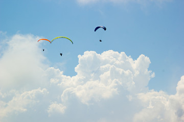 Paragliders fly among the white clouds on a sunny day