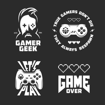 Retro video games related t-shirt design set. Quotes about gaming. Vector vintage illustration.