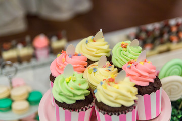 Chocolate cupcakes on a plate with other sweets in the background.