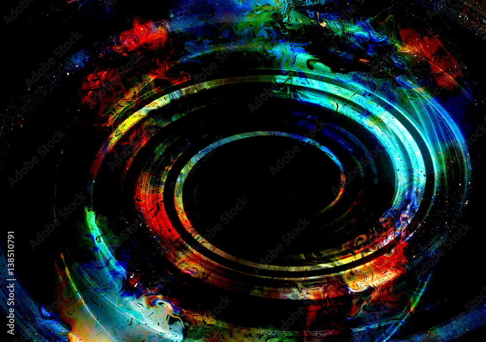 Poster centripetal circle shapes on abstract colorful cosmic backgroung.
