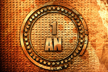 French text "1 an" on grunge metal background, 3D rendering