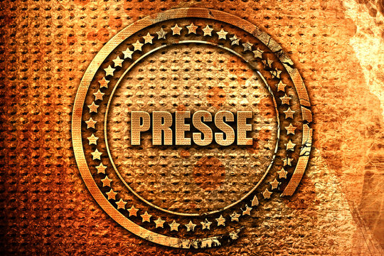 French text "presse" on grunge metal background, 3D rendering