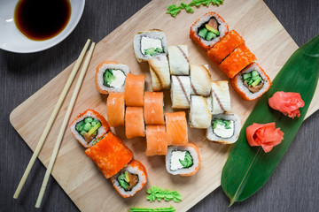 Set of traditional japanese food on a dark background. Top view. Flat lay