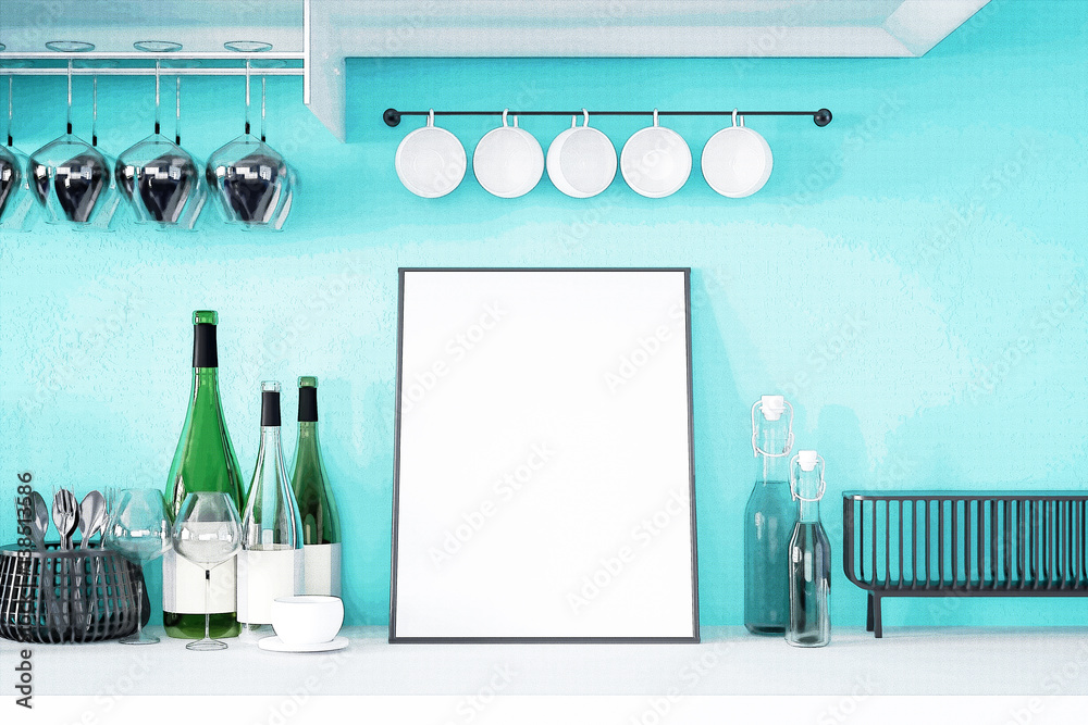 Wall mural 3d rendering : illustration of white mock up frame. hipster background. mock up white poster or pict