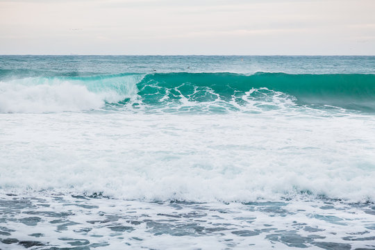Blue wave in ocean and clouds sky. Wave for sufring
