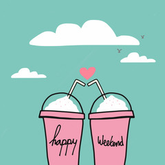Happy weekend word on couple drink pink cups watercolor illustration on blue sky and cloud background