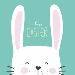 Hello Easter word and white cute rabbit watercolor painting cartoon illustration on blue background
