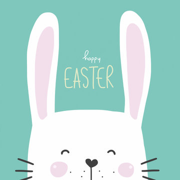 Hello Easter word and white cute rabbit watercolor painting cartoon illustration on blue background