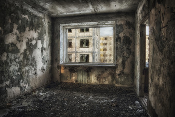 Ghost town.The view from the window at the abandoned city