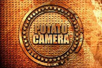potato camera, 3D rendering, metal text