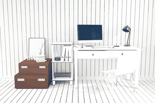 3D Rendering : illustration of modern Creative designer office desk with PC computer.close up pc laptops mock up working place. Mock up. light from outside. filtered image to comic halftone