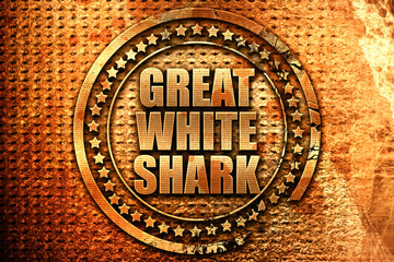 great white shark, 3D rendering, metal text