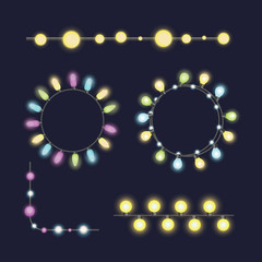 Glowing christmas garland light bulbs for xmas holiday greeting cards design and celebration party holiday decorative shine elements vector illustration.