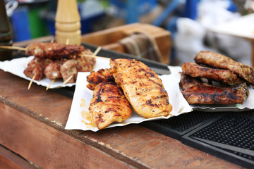 Tasty grilled traditional kebab and steaks