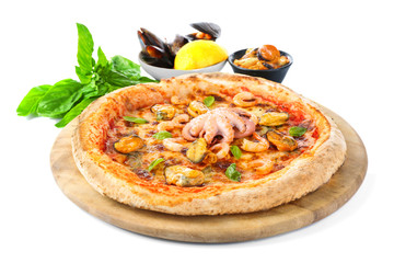 Tasty seafood pizza on wooden stand isolated on white