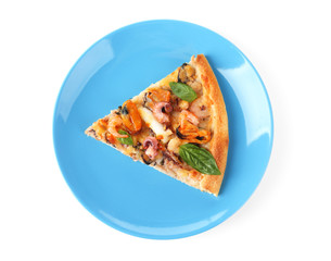 Delicious slice of seafood pizza on blue plate isolated on white