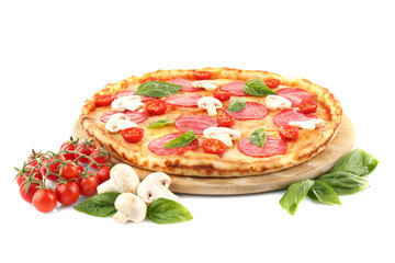 Pizza with salami and mushrooms isolated on white