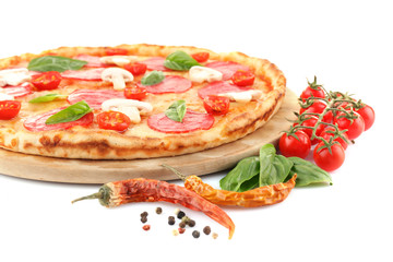 Pizza with salami and mushrooms isolated on white
