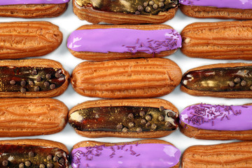 Group of delicious eclairs closeup