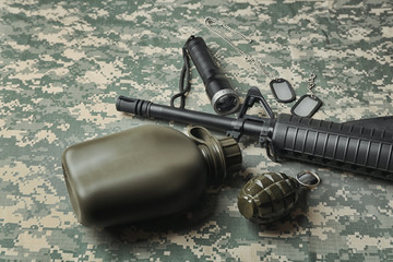 Military set on camouflage clothing