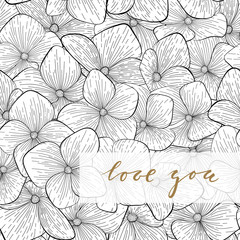 i love you. Hand drawn gold brush pen lettering on black and white floral pattern.