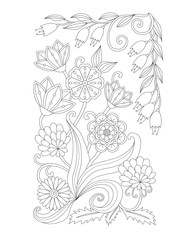 Coloring page with vintage flowers. Black and white. Handrawn ornament.