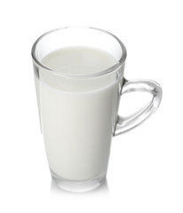 Cup of tasty milk on white background