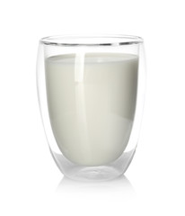 Glass of tasty milk on white background