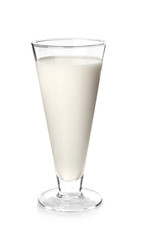 Glass of tasty milk on white background