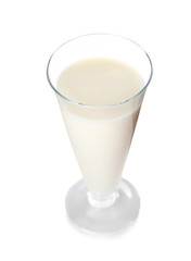 Glass of tasty milk on white background