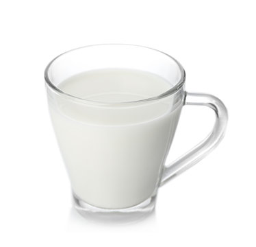 Cup of tasty milk on white background