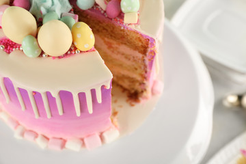 Sliced delicious Easter cake, closeup