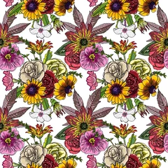 Rucksack Various flowers : Roses, dahlia, hibiscus with leaves and sunflowers stylized seamless pattern background. Hand drawn vector. © desertsands