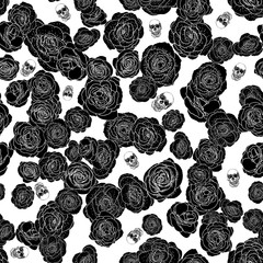 Roses bloom heads with skulls, seamless pattern. Endless handdrawn gothic fashion repetition. Vector.