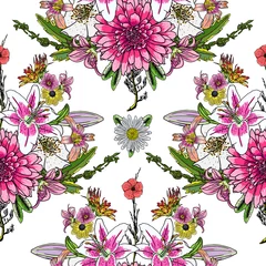 Möbelaufkleber Seamless tropical exotic and domestic home flower pattern background. Endless background with petunia, coneflower, Aster, and chamomile flowers blooms and leaves. Drawing vector. © desertsands