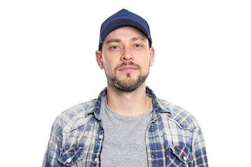 Long-haul truck driver on white background