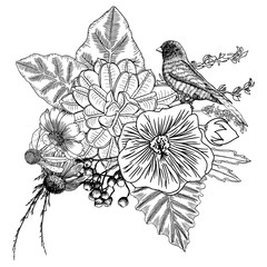 Flowers. Bouquet of different hand drawn flowers. Vintage black white and isolated, can be used as invitation, greeting card, print Vector.