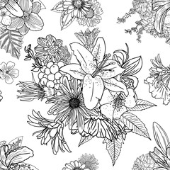 Doodle floral drawing seamless pattern wallpaper. Art therapy coloring page for adults. Endless flowers repetition. Vector.