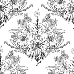 Doodle floral drawing seamless pattern wallpaper. Art therapy coloring page for adults. Endless flowers repetition. Vector.