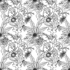 Black and white flower pattern for coloring. Endless floral drawing doodle Art therapy coloring page. Coloring book page, anti stress for adults. Vector.