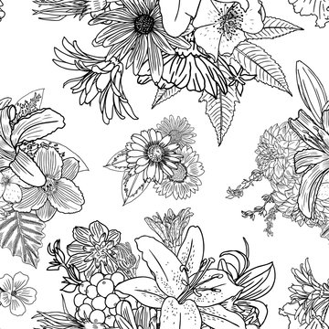 Doodle floral drawing seamless pattern wallpaper. Art therapy coloring page for adults. Endless flowers repetition. Vector.