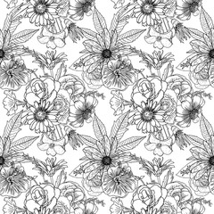 Flowers. Bouquet of different hand drawn flowers. Vintage black white and isolated, can be used as invitation, colouring book, greeting card, print Vector.