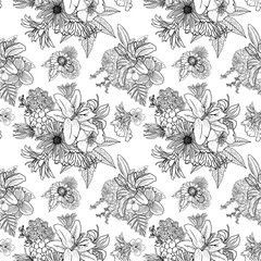 Black and white flower pattern for coloring. Endless floral drawing doodle Art therapy coloring page. Coloring book page, anti stress for adults. Vector.