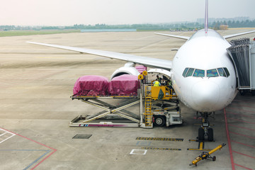 Loading cargo on the air freight logistics in airport, view through window