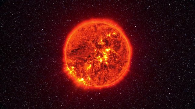 Loopable: Sun surface with solar flares. The Sun spinning in space against 3D star background. Elements of this clip furnished by NASA.